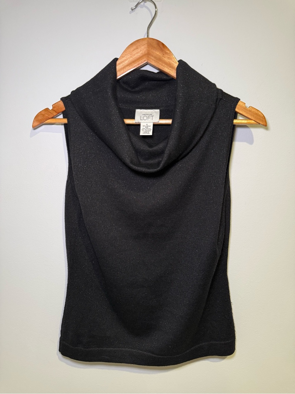LOFT Cashmere Wool Sleeveless Cowl Neck Sweater Top Shimmery Black Blouse Small
